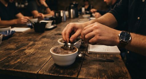 Coffee cupping table set with bowls and tasting spoons